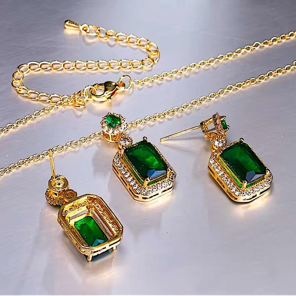 Emerald Gold Plated Zircon Charm Pendant Necklace Matching Earrings Set
